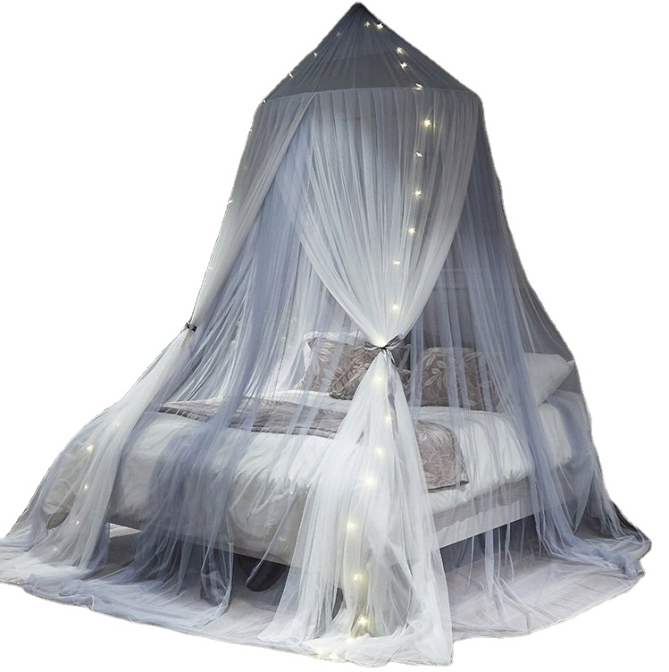 Neues Design Grau-Weiß-LED-Leuchten Leuchtende Dekoration Moskito-Bettnetze für Doppelbett